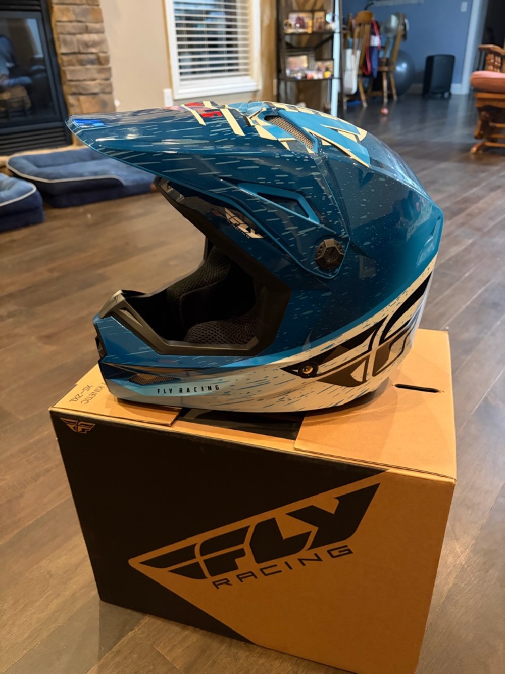 Fly Racing Blue Full-Face Motocross Helmet with White Accents